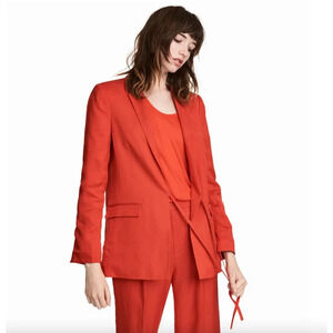 H&M Women’s Linen Blend Blazer Size 8 Red Tie Front Pockets